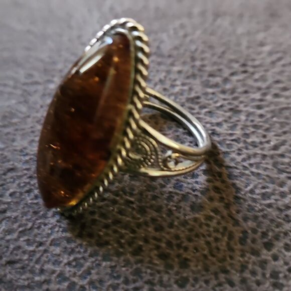 Lithuania Baltic oval Amber gemstone ring silvertone size 5 1/2 - Picture 3 of 6